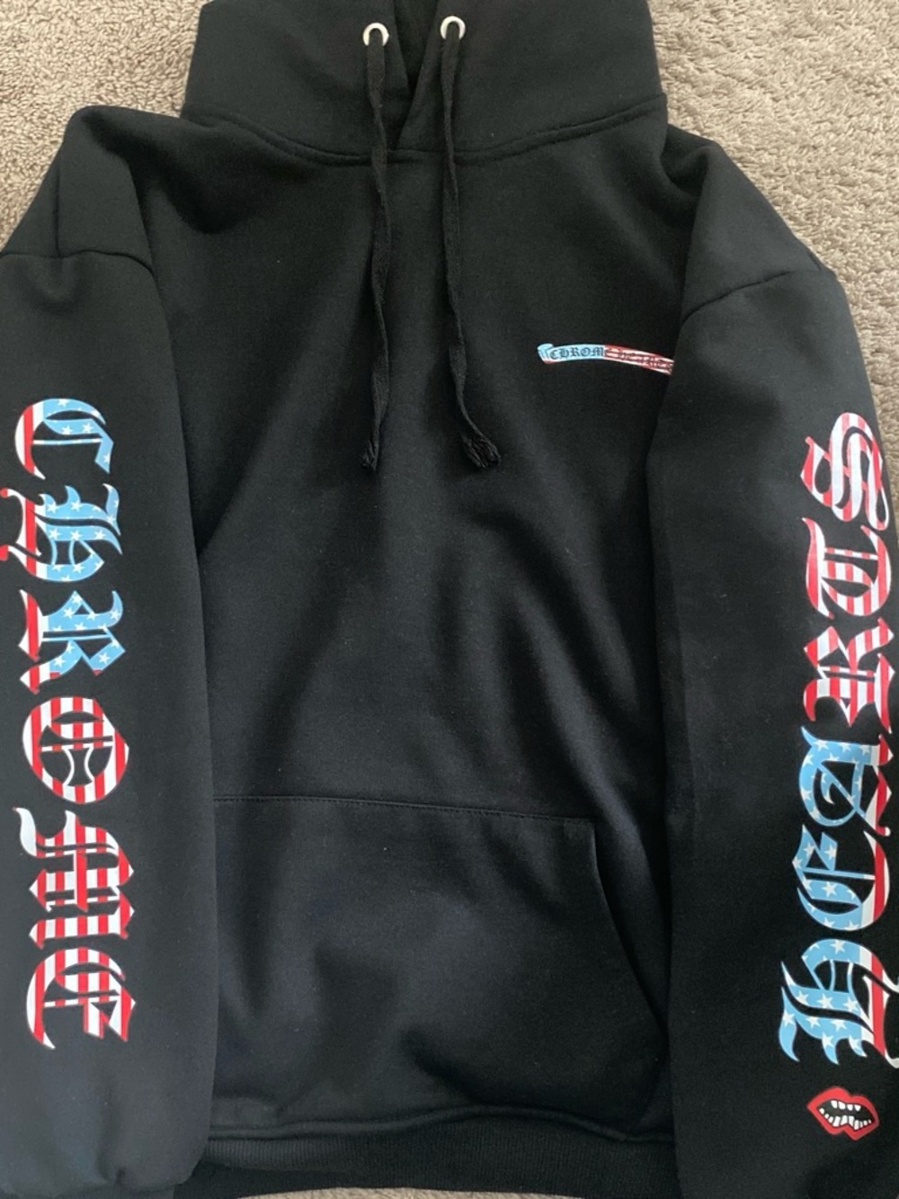 Chrome Hearts Black Hoodie with Red, White & Blue Sleeve Graphics